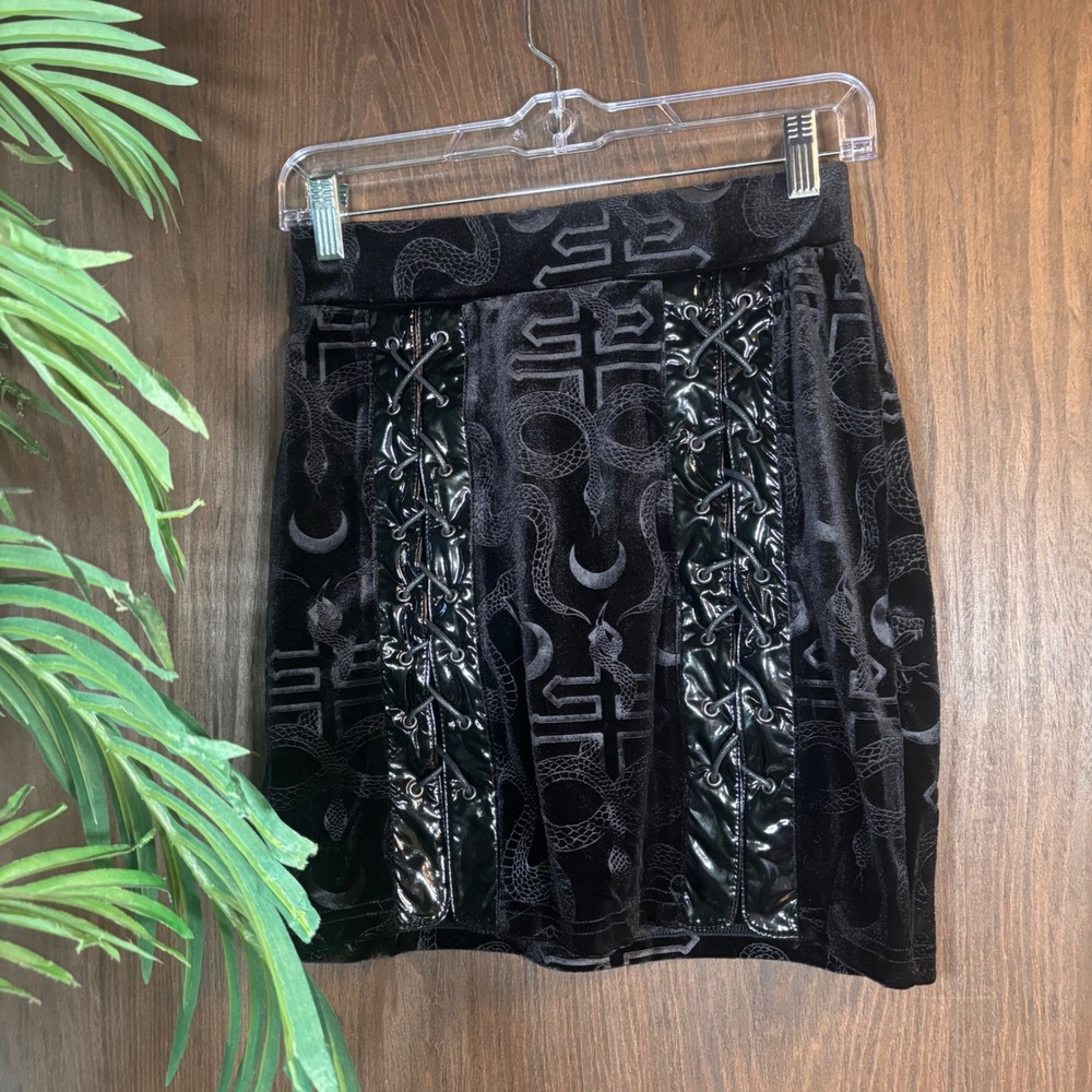 Killstar Occult Snake Velvet Mini Skirt Goth Lace Up Witchy Black
